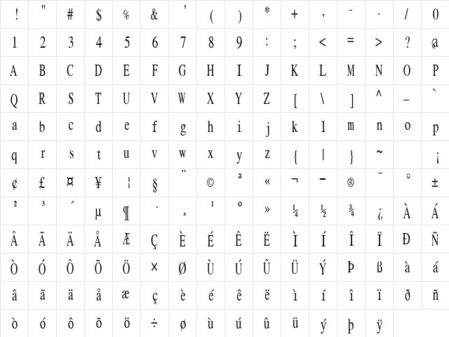 RomanMonoCondensed Regular  glyph index