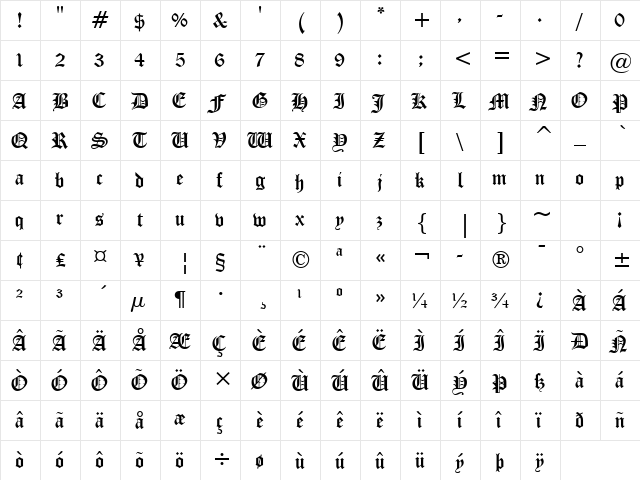 CloisterBlack BT Regular  glyph index