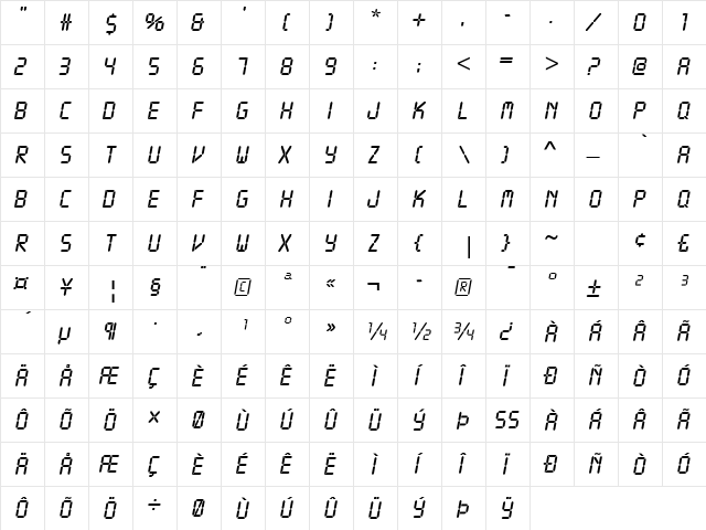 LCD Regular  glyph index