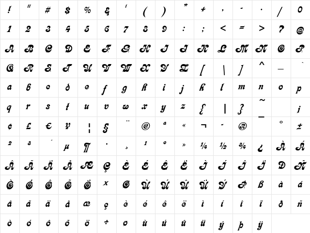 Karin Regular  glyph index