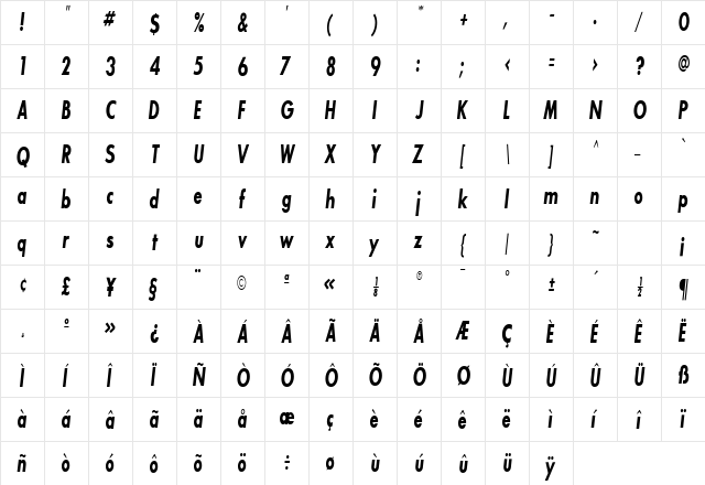 Bougan BlackCondensed SSi Bold Condensed Italic  glyph index