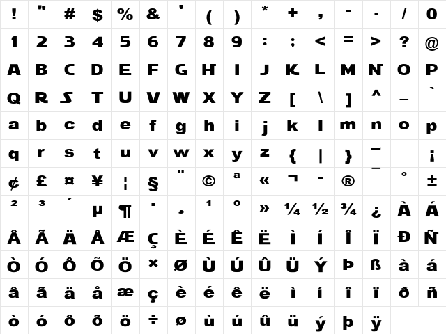 STARWARS Regular  glyph index