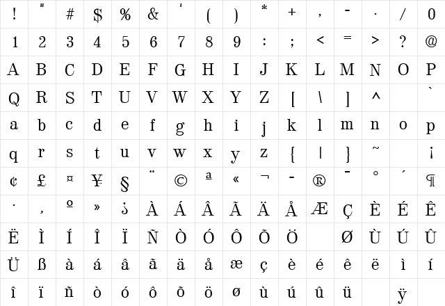 Valencia Regular  glyph index