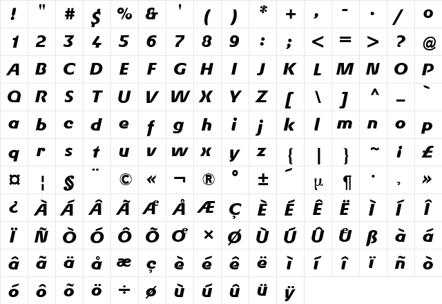 Gerstner BQ Bold Italic  glyph index