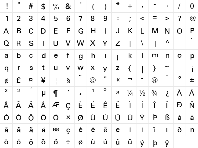 Univers 55 Regular  glyph index