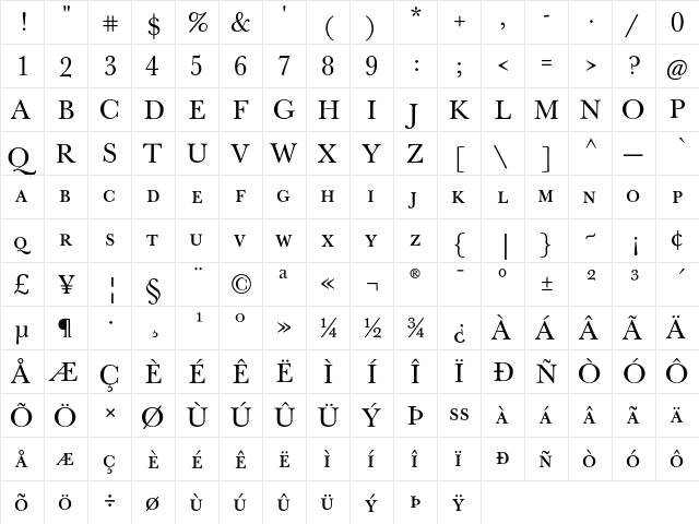 J Baskerville Caps Regular  glyph index