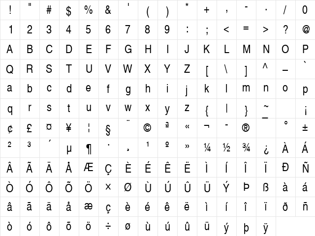 Nimbus Sans Becker LCon Regular  glyph index