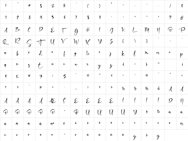 Sabastian Regular  glyph index