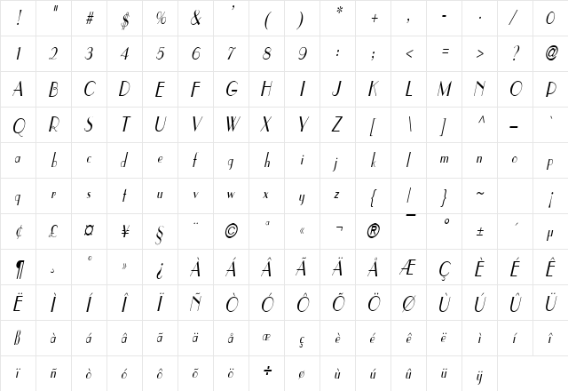 Paris Condensed Italic  glyph index