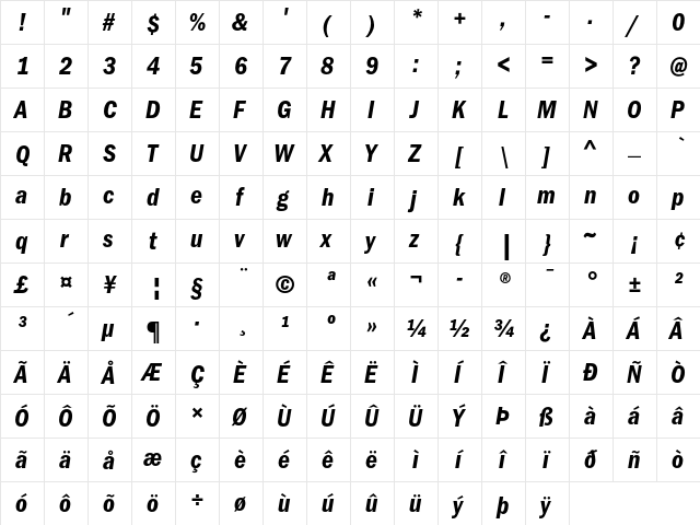 ITC Franklin Gothic Demi Condensed Italic  glyph index