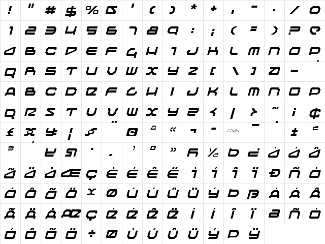 Traveler Light Italic Light Italic  glyph index