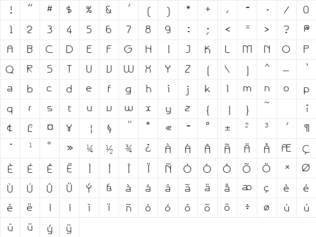 Galexica Regular  glyph index