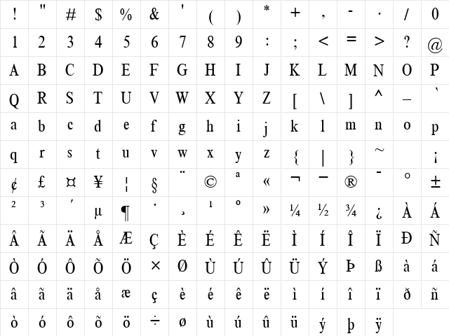 ThamesCondensed Regular  glyph index