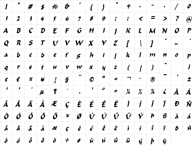 FlatBrush-Condensed Bold Italic  glyph index