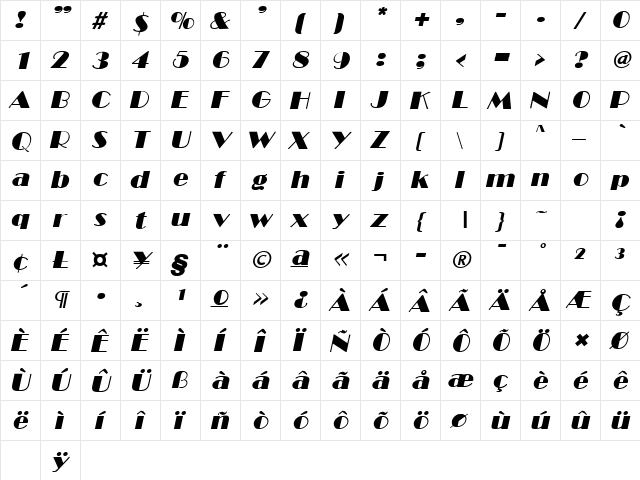 Broadway Italic  glyph index