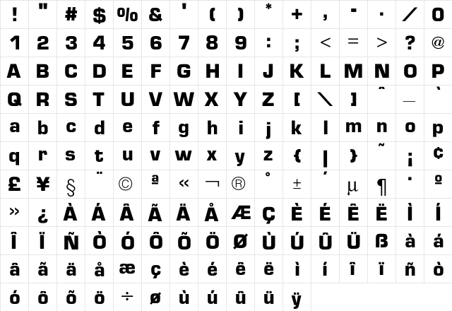 Euro TechnicBold  glyph index