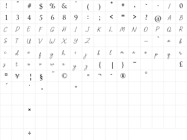 Ventina Regular  glyph index