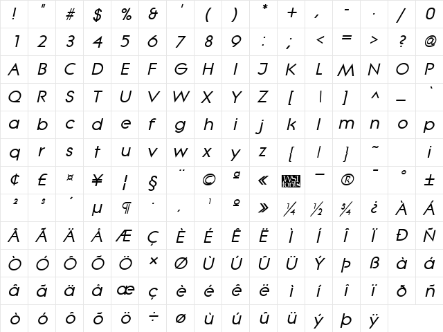 Lithe Bold Italic  glyph index