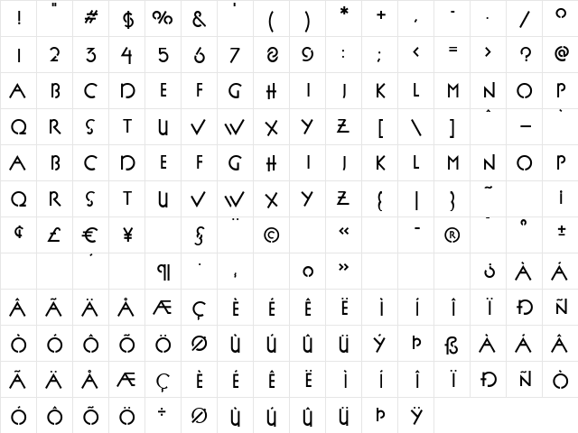 P22 FLLW Exhibition Bold Bold  glyph index