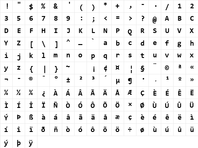 Consolas Bold  glyph index