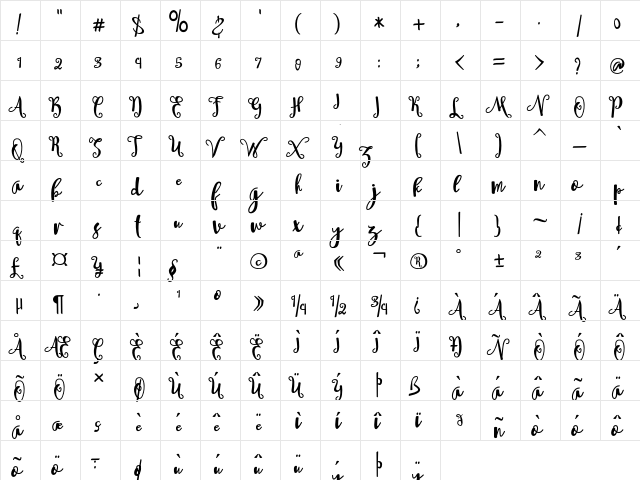 Sheyna Regular  glyph index