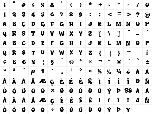 Super Delicious BTN Regular  glyph index