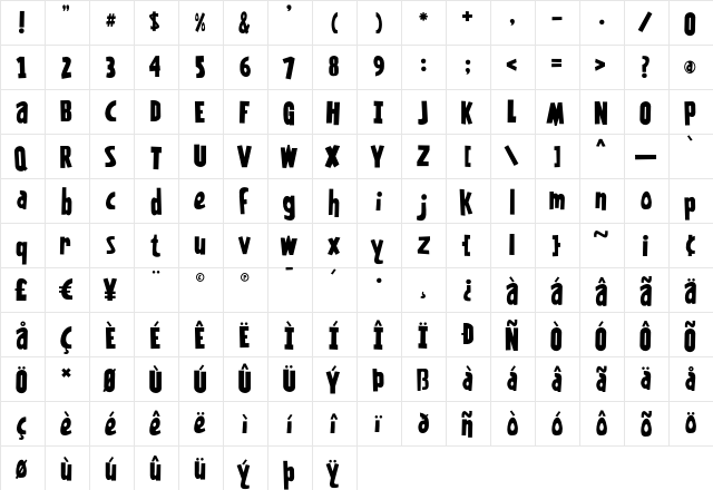 Kentuckyfried Regular  glyph index