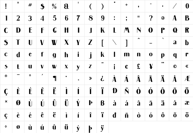 Massenet Bold Bold  glyph index