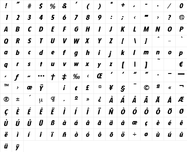 Florida-BoldIta Regular  glyph index