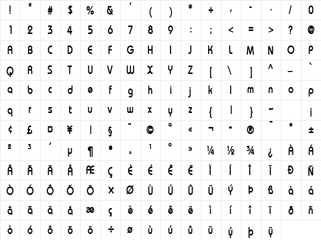 Bimini-Condensed Bold  glyph index