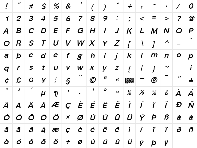 Phinster Bold Italic  glyph index