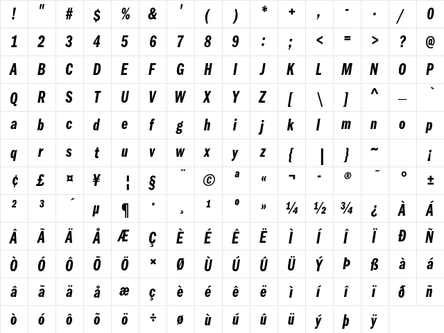 ITC Franklin Gothic Std Demi Compressed Italic  glyph index