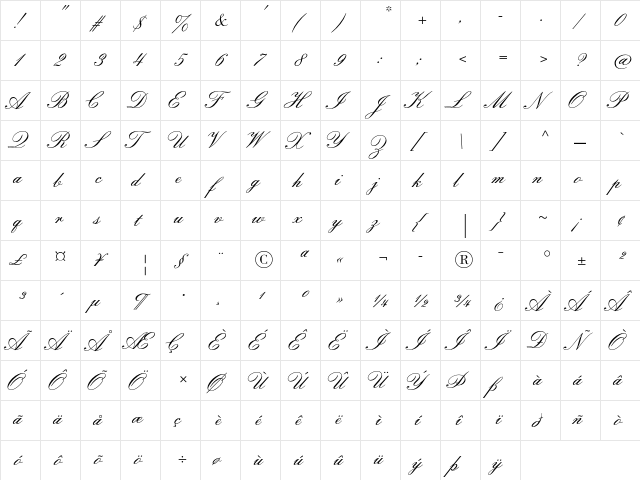 Florentine ScriptII Std Regular  glyph index