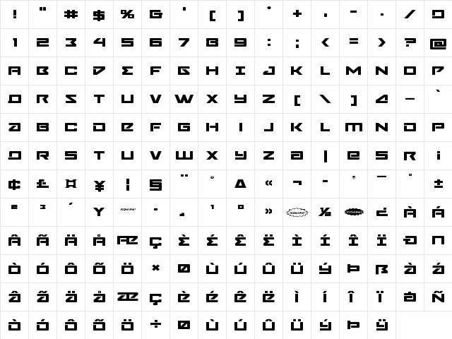Navy Cadet Expanded Expanded  glyph index
