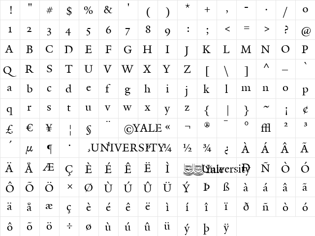 YaleDesign Regular  glyph index
