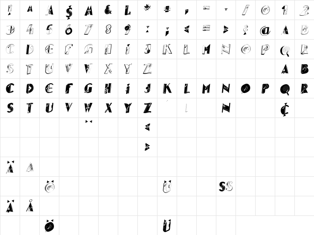GlitterOblique Regular  glyph index