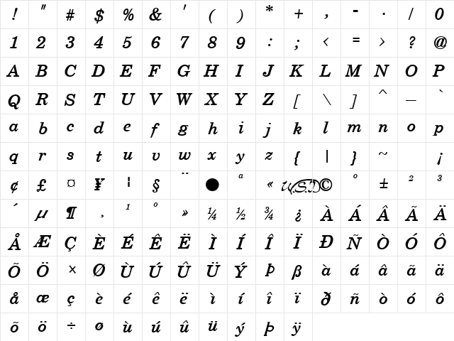 Schoolbook Bold Italic  glyph index