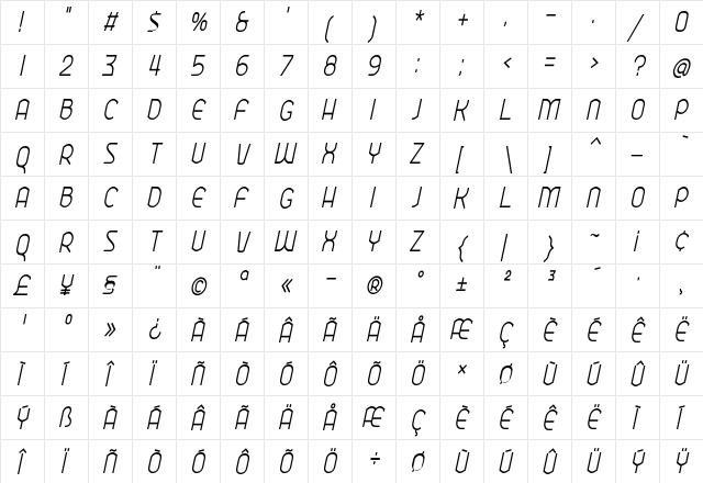 Ekela Round Light Condensed Italic  glyph index