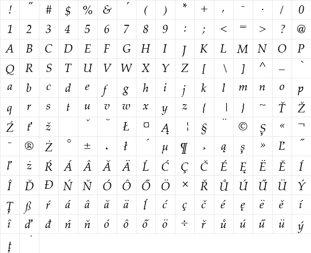 Palatino CE Italic  glyph index