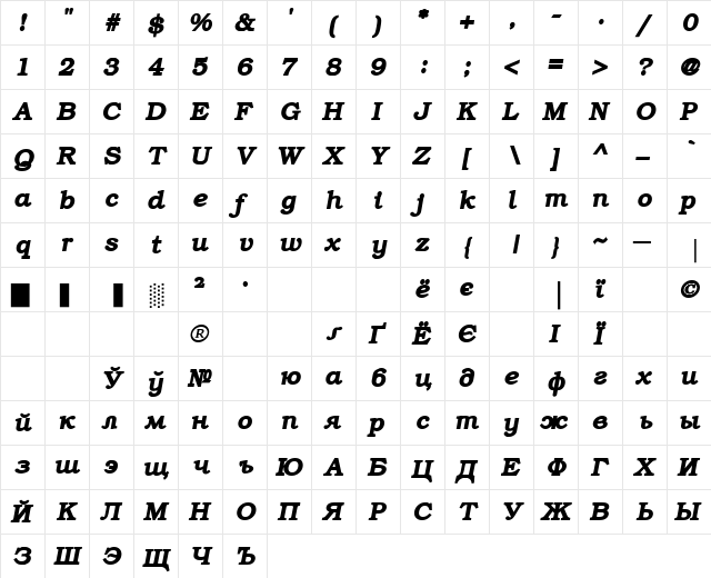 ER Bukinist KOI-8 Bold Italic  glyph index