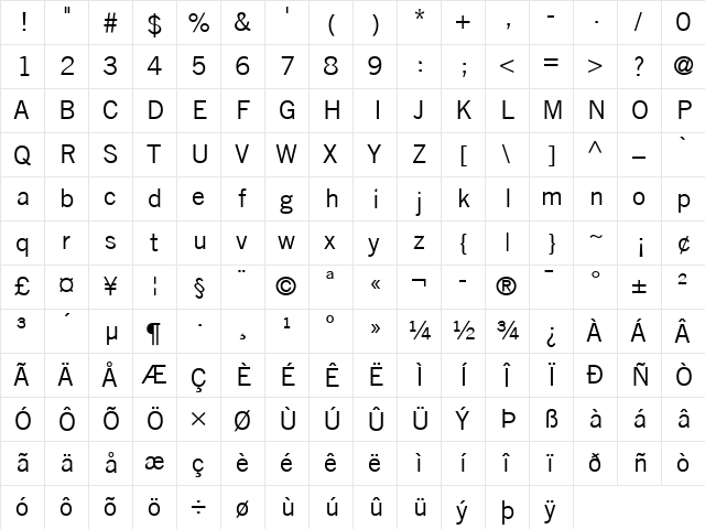 TradeGothic LT Regular  glyph index