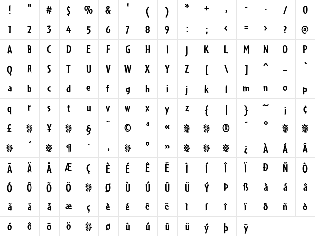 Cafeteria Bold  glyph index