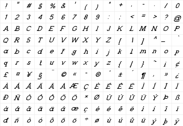 Odessa Italic Regular  glyph index