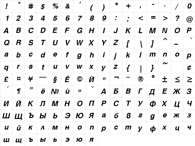 Hebar Bold Italic  glyph index