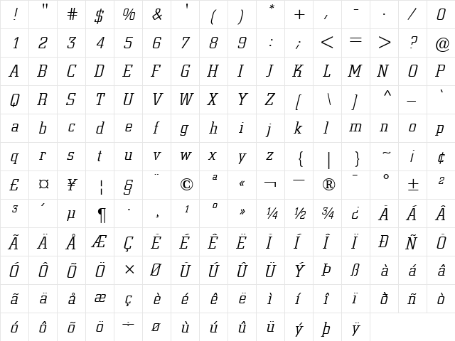 BertholdCity-Light LightItalic  glyph index