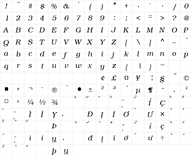 VNI-Book Italic  glyph index