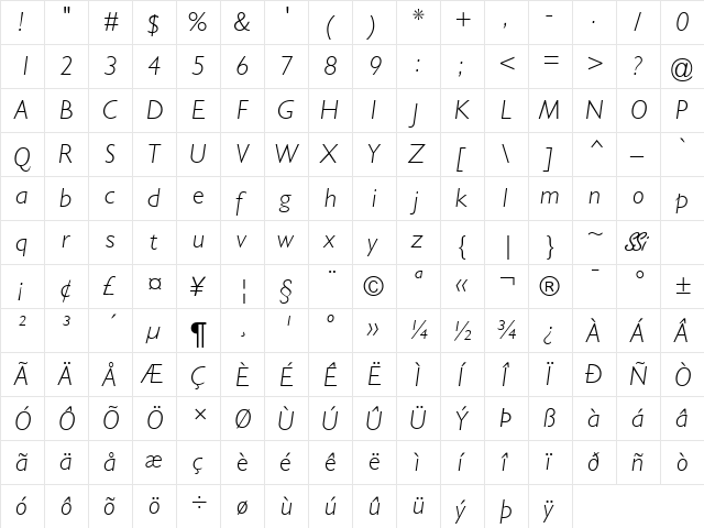 Gill Light SSi Light Italic  glyph index