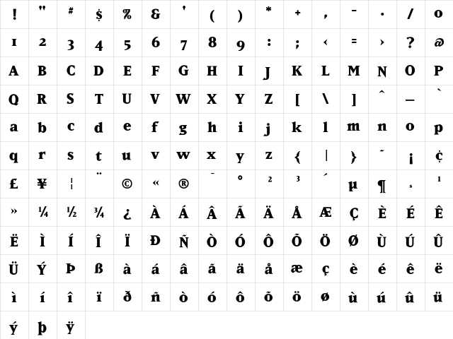 MatrixExtraBoldOldstyle Regular  glyph index