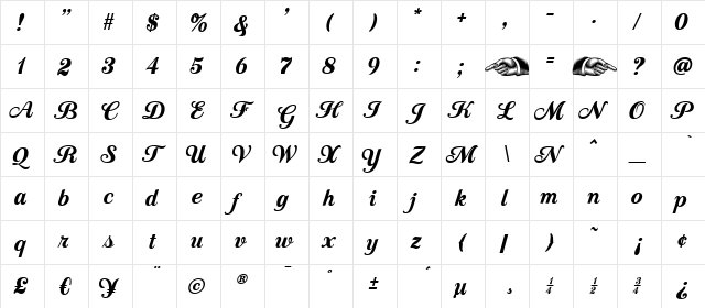 Country Western Script Black Regular  glyph index