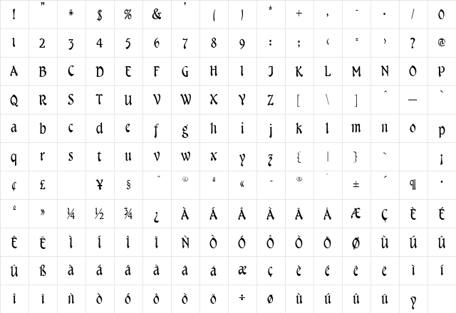 Menuetto Regular  glyph index